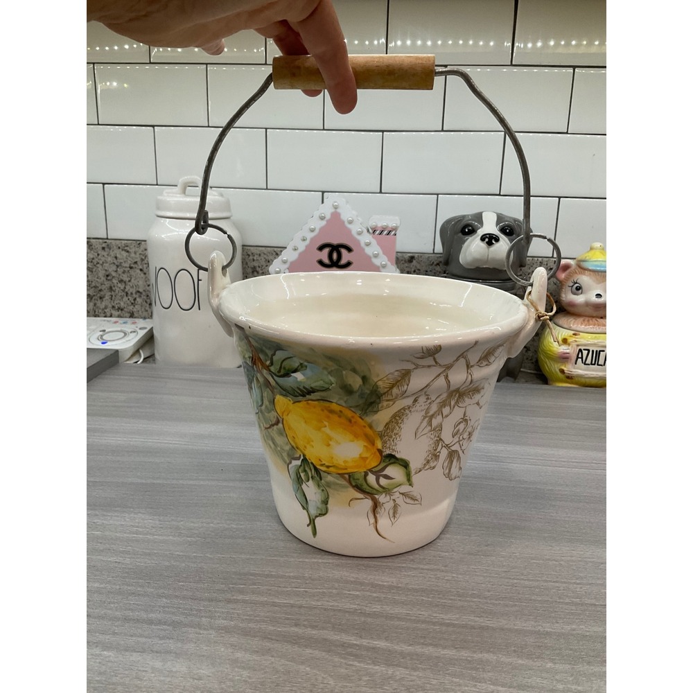 MAXCERA LEMONS COLLECTION CERAMIC PAIL BUCKET WITH‎ WOOD HANDLE - Picture 13 of 13